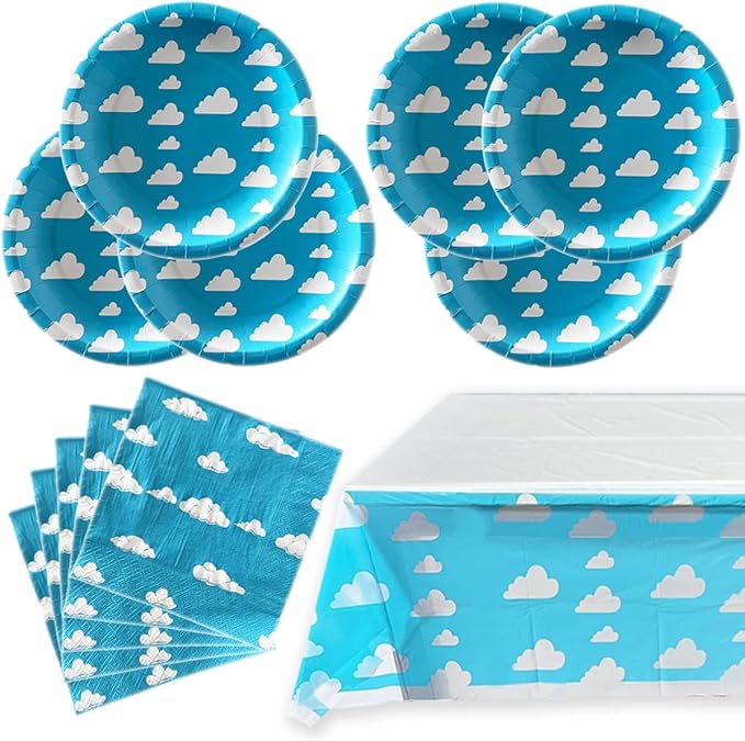 Blue Sky White Clouds Birthday Party Supplies, 20 Plates and 20 Napkins and Tablecloth71 '' x 42.5 '', Blue Sky Cartoon Theme Birthday Party Decorations for Baby Kids Shower