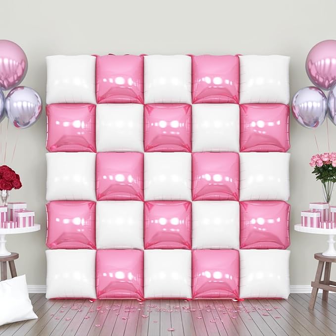 Pink White Square Foil Balloon Wall,25Pcs Double Sided Foil Balloons Backdrop Helium Polyester Tunnel Arch Garland Kit for Birthday Bridal Anniversary Baby Shower Party Decorations
