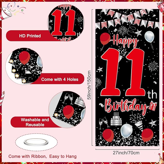 11th Birthday Decorations for Boys Girls, Happy 11th Birthday Decorations Boy, Red Black 11 Year Old Birthday Door Banner, Triangle Flag, Large Number 11 Balloons Bday Party Decor for 11 birthday