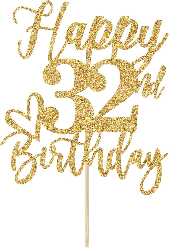 Happy 32nd Birthday Cake Topper, 32nd Birthday Decorations, Cheers to 32 Years, 32 Happy Birthday Party Supplies Gold Glitter