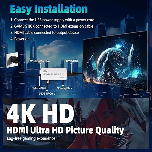 AQHH 2025 Retro Gaming Console, Retro Game Stick with 4K HDMI, Classic Video Games, Upgraded Dual 2.4G Wireless Controllers 64GB