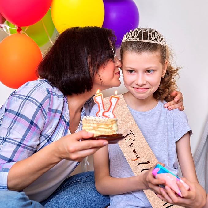 CIEHER 11th Birthday Crown + Sash + Pearl Pin Set, It's My Birthday Sash, 11th Birthday Tiara, Birthday Decorations & Gifts