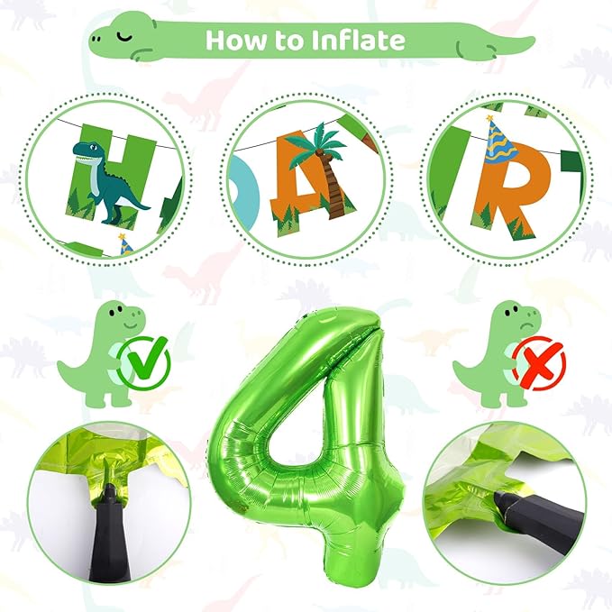 Amandir Dinosaur 4th Birthday Party Decorations for Boys Girls, Foil Green Star Number 4 Dinosaur Balloons with Happy Birthday Banner Hanging Swirls for Dino Baby Shower Kids Party Supplies