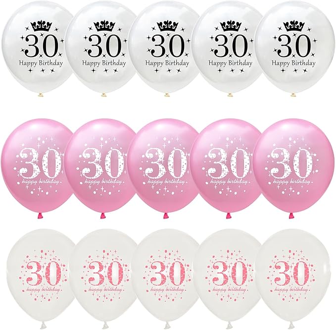 Pink 30th Birthday Decorations for Women, Pack of 15 Happy 30th Birthday Balloons Pink White Transparent Latex Balloons Decor for Age 30 Year Old Lady Birthday Celebration Party Decorations Supplies