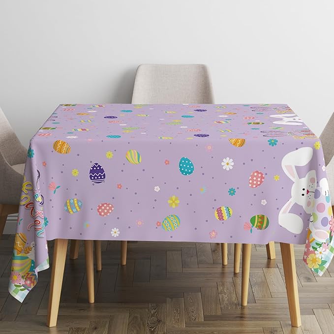 Happy Easter Tablecloth 2 Pack, Bunny Plastic Disposable Tablecloth 54 x 108 Inch, Spring Easter Party Table Cover for Kids Easter Celebration, Holiday Decorations