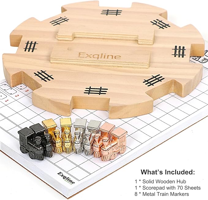 Exqline Mexican Train Dominoes Accessories - with 6.5" Pine Mexican Train Hub, 70-Sheets Mexican Train Score Pads and 8 Colored Die-Cast Train Markers, for Mexican Dominoes Train Game Set