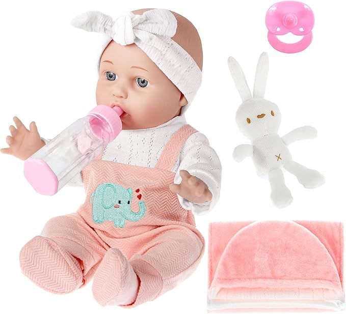 12 inch Baby Doll - Adorable Doll and Accessories Including Romper, Sleeping Bag, Feeding Accessories, Rabbit Plush Toy
