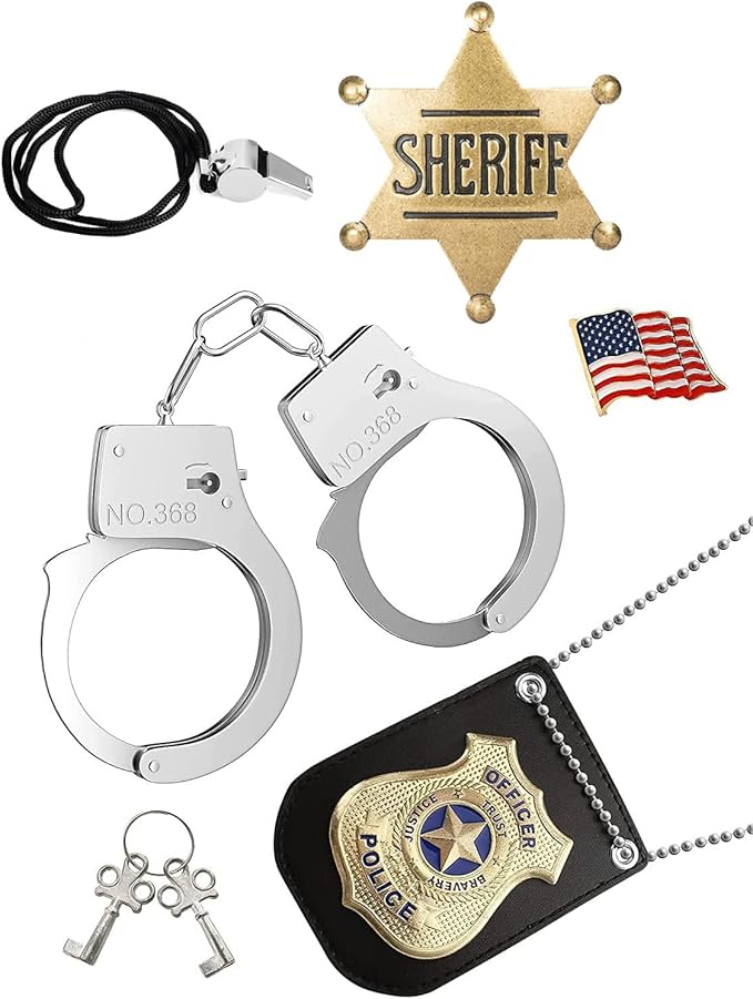 Police Badge Police Pretend Play Toy Set for Metal Handcuffs with Key American Flag Waving Lapel Pins Whistle Halloween NYPD Police Sheriff Badge Dress Up Pretend Play Accessory