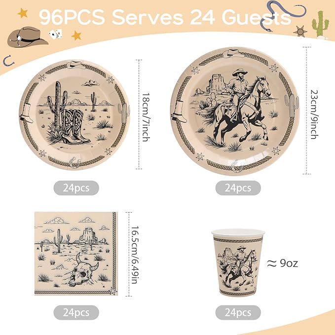 96Pcs Western Cowboy Disposable Tableware Set Cowboy Ranch Bachelorette 7"&9" Plates and Napkins and Cups for 24 Guest Kid Birthday Picnic Party Table Supplies Decorations