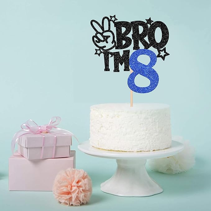 1 PCS Brother I'm 8 Cake Topper Glitter Star Happy 8th Birthday Cake Pick Bro I'm 8 Cake Decoration It's My 8th Birthday Decorations for Boys Cheers to 8 Years Old Birthday Party Supplies Blue
