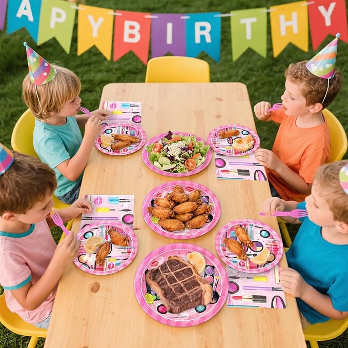 Spa Party Supplies - Makeup Party Tableware - Dinner Plates, Dessert Plates, Napkins, Forks for Girls Women Slumber Pamper Spa Birthday Party Decoration, Serves 25