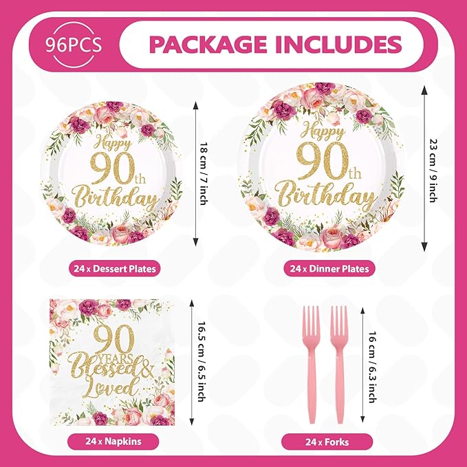 96Pcs 90th Birthday Decorations for Women Rose Gold Floral Party Plates and Napkins Disposable 90th Birthday Gifts Tableware Set for Women Fabulous Party Decorations Serves 24