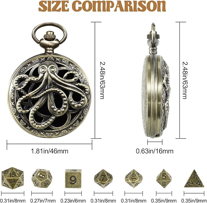 D&D Dice Set,7PCS Metal Dice for Dungeons and Dragons,Mini Dice Set with Pocket Watch Case,Role Playing Board Games Accessories (Octopus, Bronze)