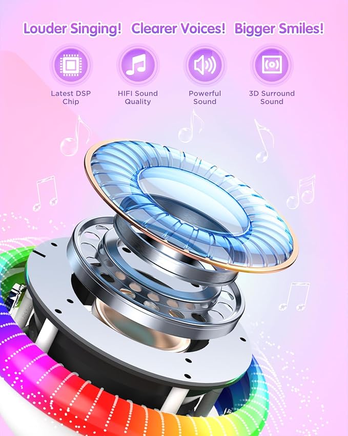 Mini Karaoke Machine for Kids with 2 Wireless Microphones, Portable Bluetooth Speaker Gift for Girls Toys 4, 5, 6, 7, 8, 9, 10, 12+ Years, LED Lights Chritmas Birthday Festival for Party, Home(Pink)