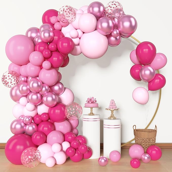 Amandir 153 Pcs Pink Balloon Arch Garland Kit, Different Sizes 18 12 10 5 inch Latex Metallic Confetti Hot Pink Balloons for Valentines Day Baby Shower Birthday Princess Wedding Party Decorations