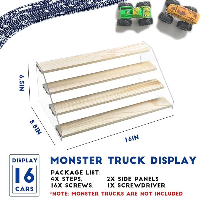 AAiphuwew Display Case for Monster Trucks Storage Toy Cars Organizer Shelf, 4 Tiers Wooden Monster Truck Display Risers Shelf for Toy Cars