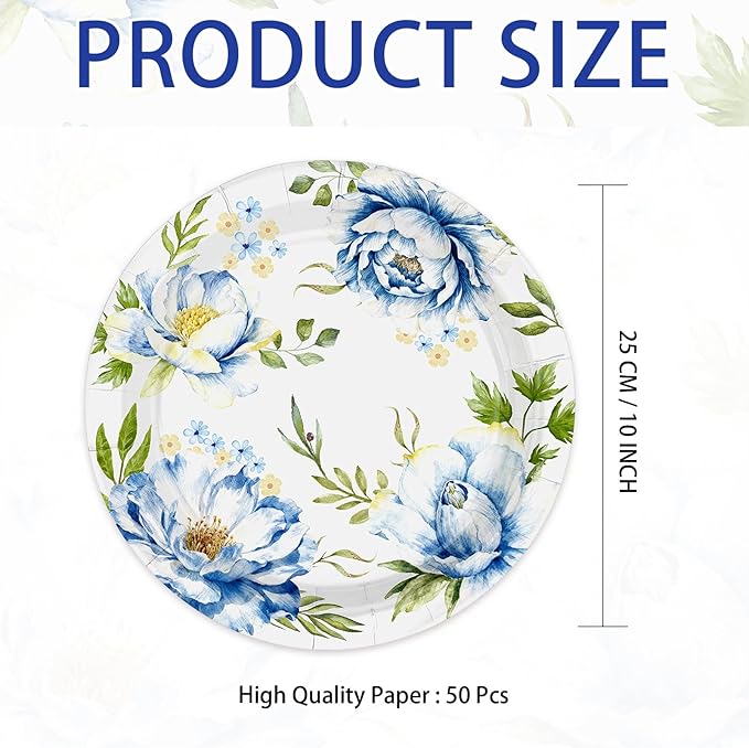 50Pcs Spring Flowers Floral Paper Plates 10 Inch Heavy Duty Disposable Spring Blue Floral Peony Party Decorations Spring Flowers Themed Plates for Wedding Boho Picnic Birthday Dinner Party Supplies