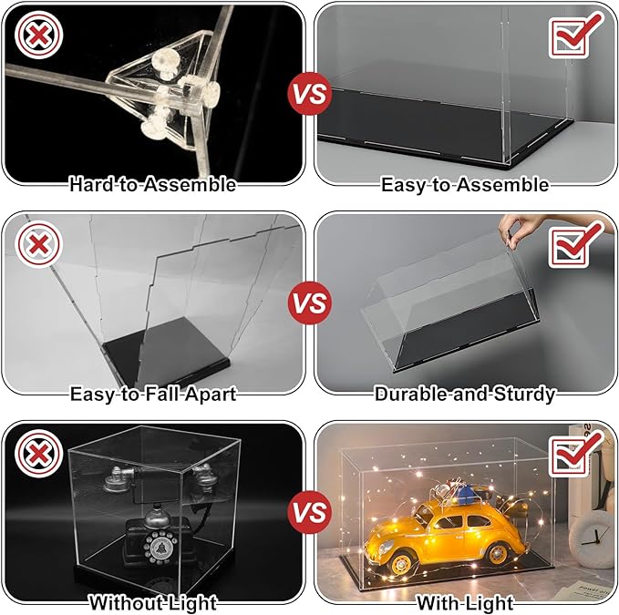 LANSCOERY Acrylic Display Case, Assemble Large Showcase Display Box for Collectibles, with Dustproof & Seamless Display Design, Compatible with Lego C-3PO 76989 21347, 12x10x16inch Thick Black Base