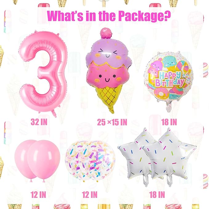 Pink Ice Cream Balloons, 3 Balloon Number, 3rd Birthday Decorations for Girls, Ice Cream Balloon for Girls Birthday Party Decoration (3)