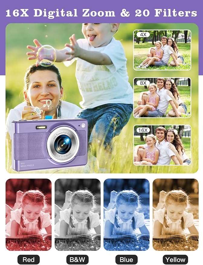 Upgrade Kids Camera, 56MP FHD 1080P with 16x Zoom, Anti Shake, 32GB TF Card, Two Batteries, Lanyard - Compact Small Camera for Kids Boys Girls (Purple)