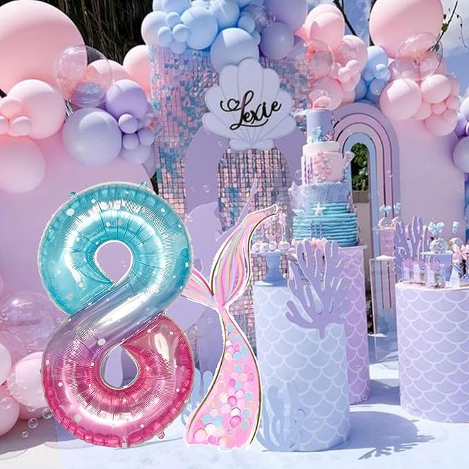 Purple Teal Number 8 Balloons, 40 Inch Giant Mermaid Starry Mylar Foil Number 8 Ballon for Girls, Self Inflating 8th Birthday Helium Balloon for Women 8th Anniversary Party Decorations Supplies