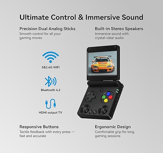 Anbernic RG34XXSP Retro Gaming Console – Flip Design, 3.4'' IPS Screen 720×480, 64G TF Card with 5000+ Games, Portable Handheld, 3300mAh Battery, WiFi HDMI Bluetooth (Black 64G)