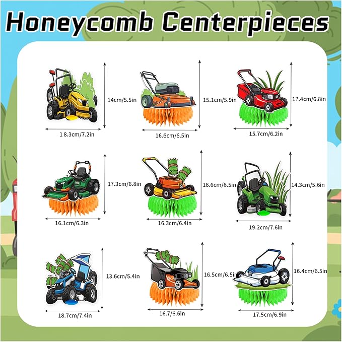 9 Pcs Lawn Mower Honeycomb Centerpieces Lawn Mower Table Decorations Lawnmower Party Decorations for Lawn Mower Birthday Party Supplies