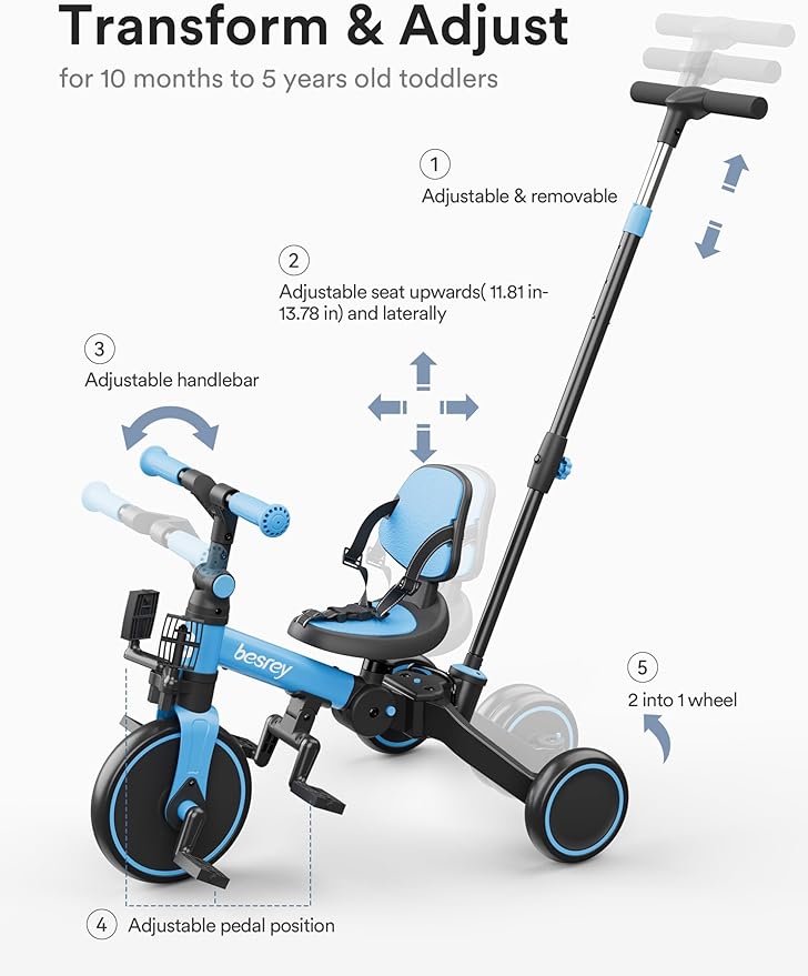 besrey 4 in 1 Toddler Bike, Toddler Tricycle for 1-3 Year Old, Trike with Push Handle, Backrest and Safety Belt, Birthday Gifts and Toys for Boys and Girls, Balance Bike (Blue)