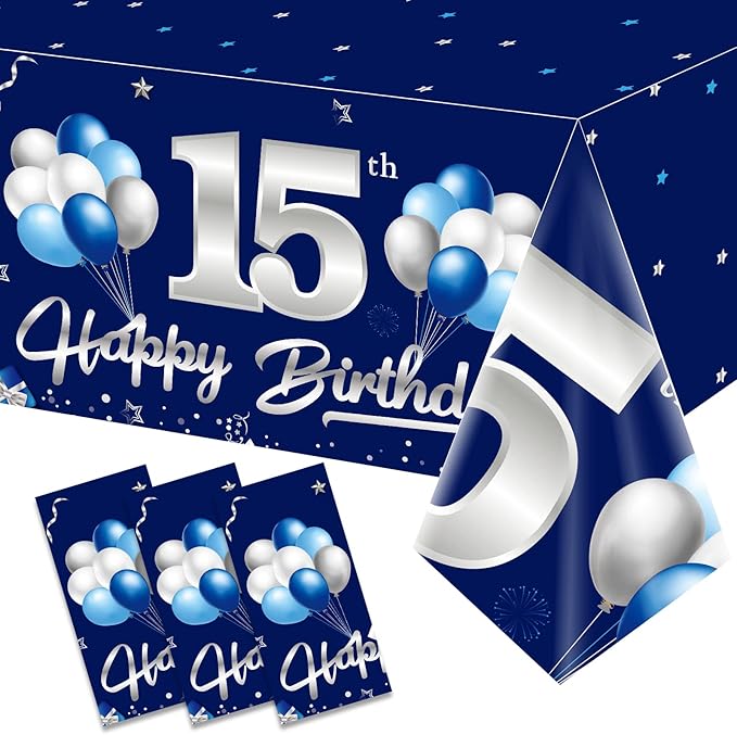 3 Pack Blue Silver 15th Birthday Tablecloth Decoration for Boy, Navy Blue Happy 15 Table Cover Party Supplies, Fifteen Years Old Birthday Disposable Rectangular Table Cloth for Indoor Outdoor