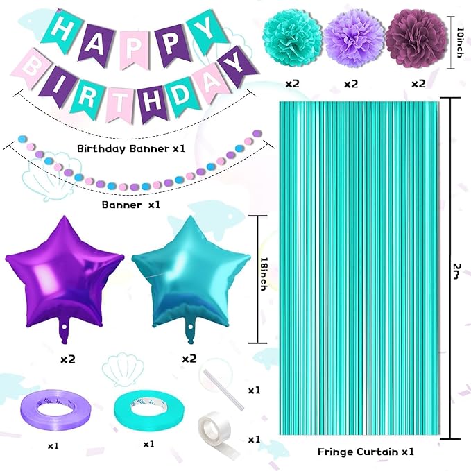 Mermaid Birthday Decorations,Purple Teal Blue Party Decorations for Women Girls with Purple Teal Blue Balloons Happy Birthday Banner Teal Fringe Curtain Tissue Paper Pompoms Star Garland