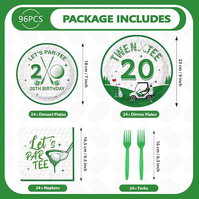 96Pcs Masters Golf Party Decoration Golf 20th Birthday Plates and Napkins White Green Disposable Paper Tableware Set for Player 20 Year Old Birthday Masters Party Supplies Serves 24