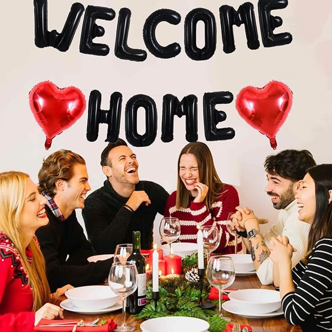 TONIFUL Welcome Home Balloons,16 Inch Black Welcome Home Foil Balloons Banner Welcome Home Party Decorations for Homecoming Party Decorations House Warming Party Family Gathering Supplies