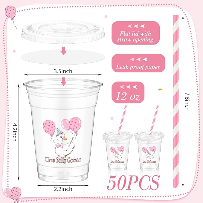 Domensi 50 Pcs One Silly Goose Birthday Party Plastic Cup 12 oz Pink Bow Goose Thick Clear Cup Mugs First Birthday Table Decorations Party Favor