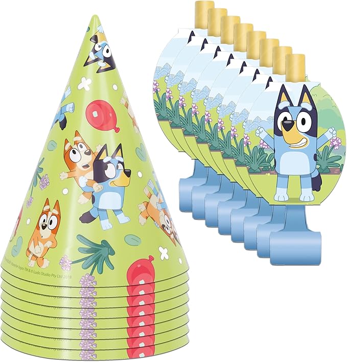 Unique Bluey Party Hats and Blowouts 8 Hats & 8 Party Blowouts with Celebrate With Me Sticker | Bluey Birthday Party Supplies for Kids