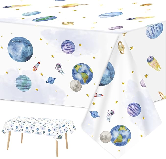 ZOIIWA 3 Piece First Trip Around The Sun Birthday Tablecloth 1st Space Birthday Plastic Disposable Outer Space Table Cover Solar System Table Decoration for Boho Sun Theme Party Baby Shower Supplies