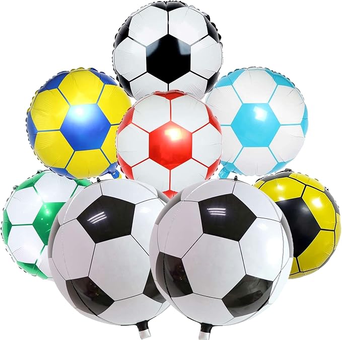 8Pcs Soccer Foil Balloons Set, 22 inch 4D Soccer Mylar Foil Balloons and 18 inch Multicolor Football Foil Balloons for Boys Kids Soccer Ball Fans Birthday Party World Cup 2022 Decoration Supplies
