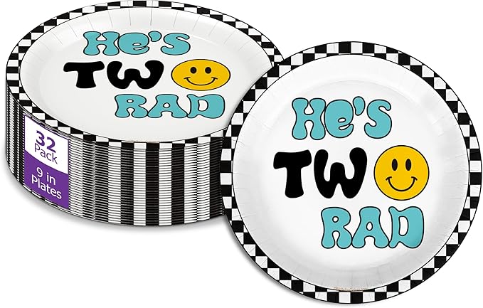 Two Rad Smiley Face Second Birthday - 32 Piece Disposable Party Supplies - Decorations for 2nd Birthday Round Party Plates - Large 9" Paper Plates In Bulk
