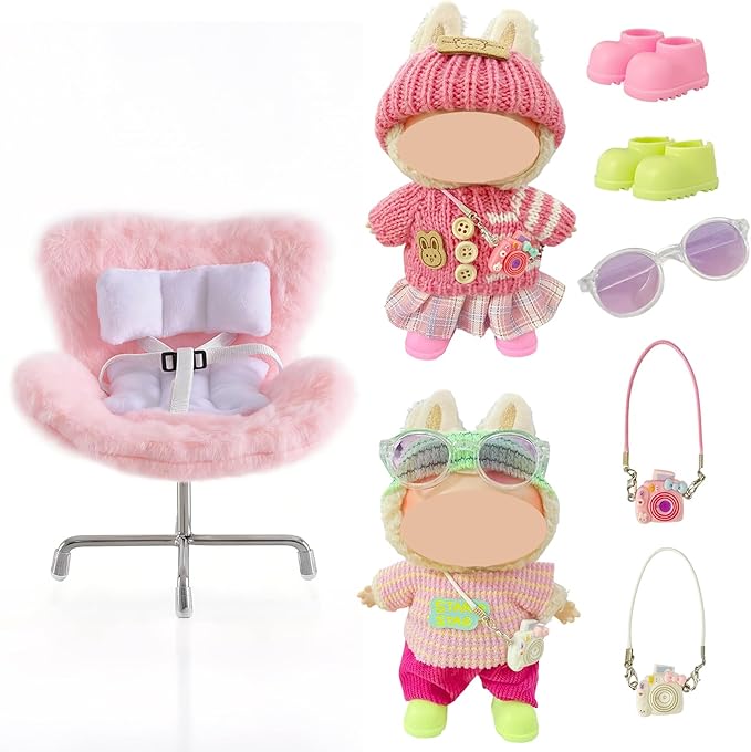 17cm Doll Car Seat and Clothes Set (No Dolls), Includes Doll Seat and 2-Pack Doll Clothes, Perfect for Play and Display, Doll Outfit Accessories for Collectors