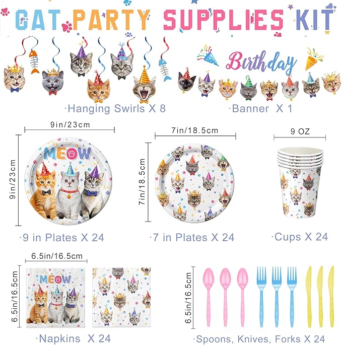 170PCS Cat Birthday Decorations Cat Birthday Party Supplies - Includes Plates, Napkins, Cups, Cutlery, Banner, Hanging Swirl for Cat Birthday Party Decorations, Serves 24