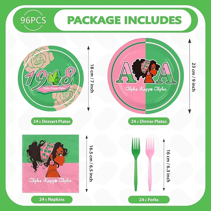 Grencian 96Pcs AKA Party Supplies AKA Plates and Napkins Disposable Hip Hop Style 1908 Pink Green Paper Tableware Set for Women Girls Sorority Birthday Party Decorations, Serves 24
