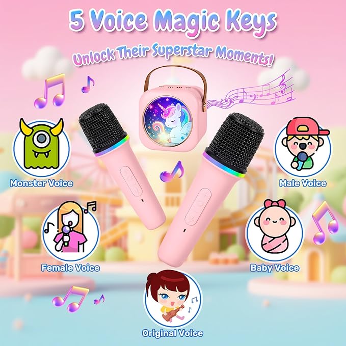 Mini Karaoke Machine with 2 Wireless Microphones, Portable Bluetooth Speaker for Kids & Adults, Ideal Birthday for Girls Boys Ages 3-12, Home Party Travel Entertainment Toy(Pink)