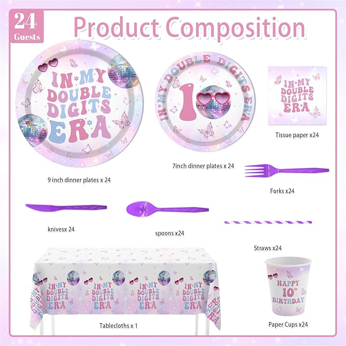 MEHOFOND 193pcs 10th Birthday Party Supplies for Girls, In My Double Digits Era Tableware Set with Plates Napkins Cups Tablecloth, Iridescent Disco Music Theme Birthday Decorations, Serves 24