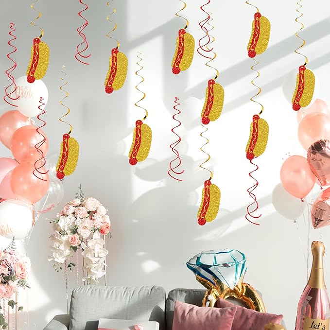 Hotdog Sign Hanging Swirl Decorations - Glitter 16 Pcs Fiesta Birthday Party Supplies - Girls Boys Birthday Party - Engagement - Wedding Streamers - Hot Dog Party Foil Swirls Ceiling Decorations