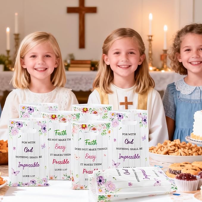 50Pcs Religious Party Favor Bags - Bible Verse Floral Goodie Candy Treat Plastic Gift Bag Inspirational Flower Christian Party Decoration for Kid Women Birthday Wedding Baptism Spring Church Supplies