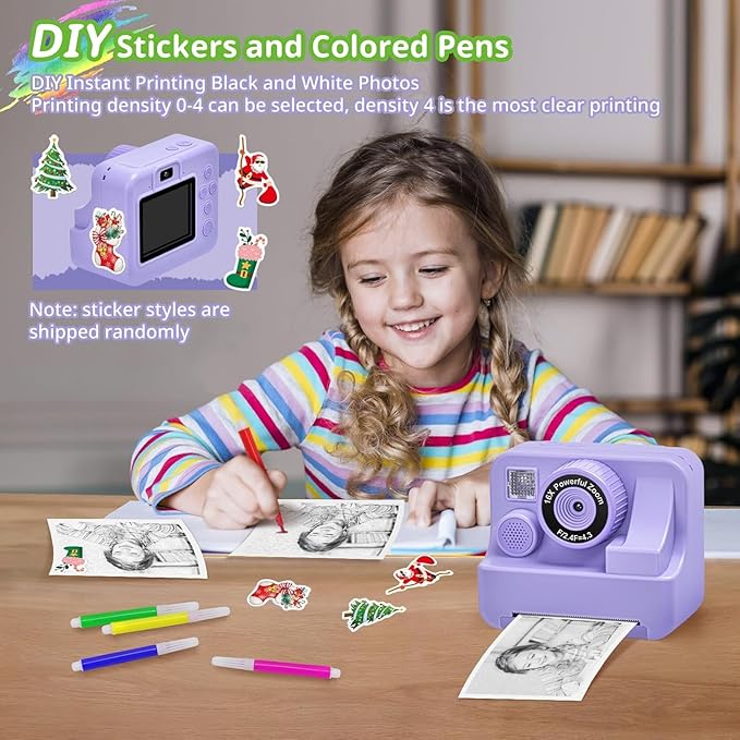 Kids Camera Instant Print, Christmas Birthday Gifts for Kids Age 3-12, Selfie Digital Camera with 1080P Videos,Toddler Portable Travel Camera Toy for 4 5 6 7 8 9 Year Old Boys (Purple)
