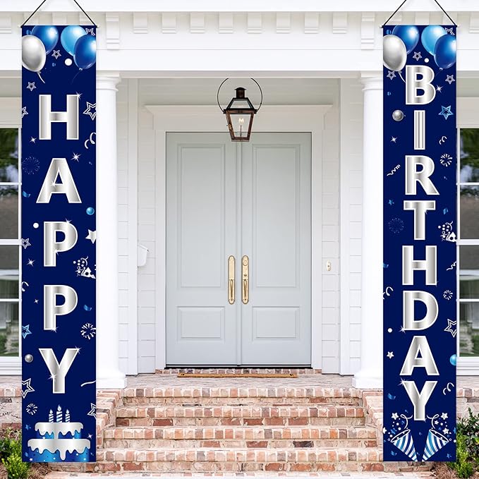 Blue Silver Happy Birthday Door Banner Decorations for Men Boys,Happy Birthday Banner Porch Sign Party Supplies,16th 18th 21st 30th 40th 50th 60th Bday Decoration for Outdoor Indoor