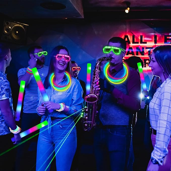 Camlinbo 148 PCS Glow in the Dark Party Supplies- 24 Pcs 12" Foam Glow Sticks, 24 Pcs LED Glasses, 100Pcs Glow Sticks Necklaces Bracelets Light Up Party Favors Pool Wedding Concert Easter Basket