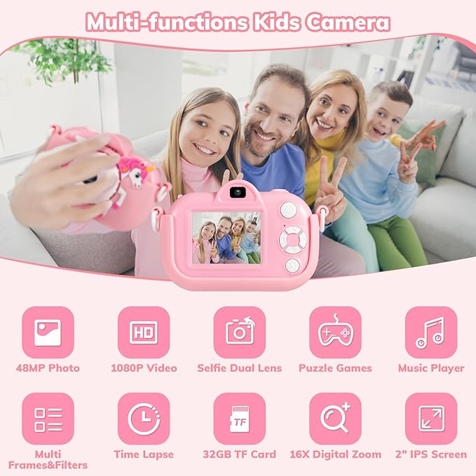 Kids Camera Toddler Toys for Girls, 3-12 Year Old Girl Birthday Gifts Toys, 48MP HD Kids Digital Camera for Kids, 1080P HD Video Toddler Camera Kid Toys Gifts for 3 4 5 6 7 8 9 10 Year Old Girls