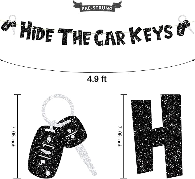 Pre-Strung Funny Birthday Decorations, NO DIY Glitter Hide The Car Keys Banner, 15th and 16th Car Theme Party Supplies, Sweet Sixteen 16 Year Old Birthday Gifts Ideas