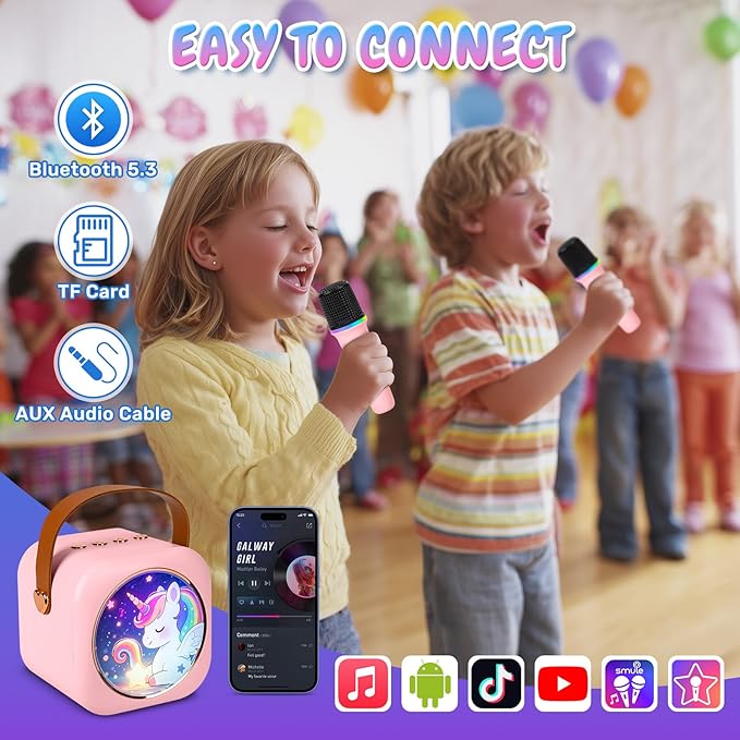 Mini Karaoke Machine with 2 Wireless Microphones, Portable Bluetooth Speaker for Kids & Adults, Ideal Birthday for Girls Boys Ages 3-12, Home Party Travel Entertainment Toy(Pink)
